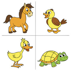 Cute Cartoon Vector Set of Farm and Forest Animals-Horse, Duck, Owl, and Turtle in Grid Layout on White Background