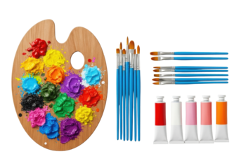 A rustic wooden art palette with vibrant paint splatters, light blue paintbrushes, and assorted paint tubes, meticulously arranged on an immaculate transparent studio background, top-down flat