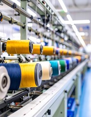 Industrial textile machinery with spools of thread