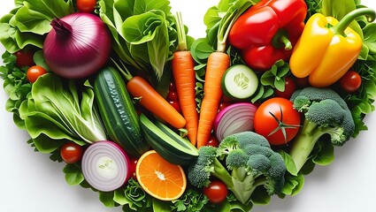 Heart shaped arrangement of fresh colorful vegetables including red onion broccoli carrots bell peppers and lettuce