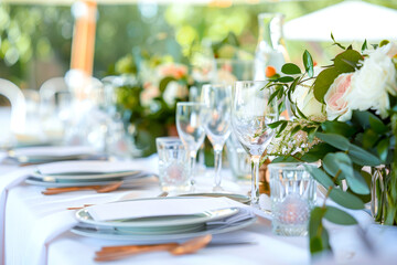 A wedding reception with stylish table settings.