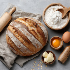Freshly baked bread with ingredients for baking
