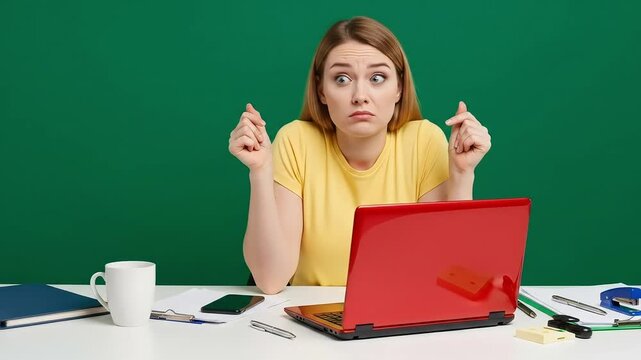 Confused Young Woman Shrugging at Desk with Red Laptop