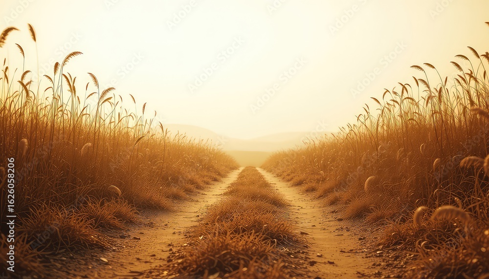 Poster golden hour light illuminates a path winding through fields of tall grass and reeds under a soft, ha