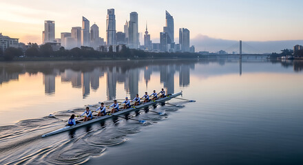 A synchronized rowing team glides across the glassy surface of a river, their coordinated efforts a testament to teamwork and discipline. 