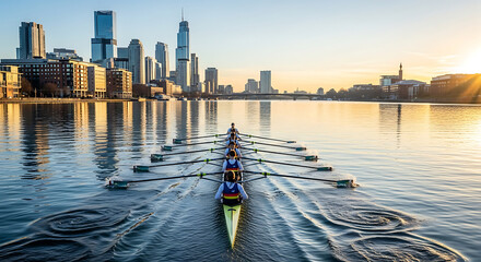 A synchronized rowing team glides across the glassy surface of a river, their coordinated efforts a testament to teamwork and discipline. 
