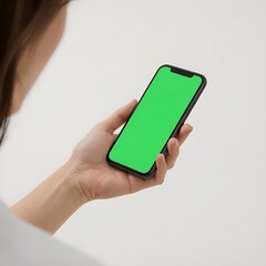Hand Holding Smartphone with Green Screen, Side View, Isolated on White Background