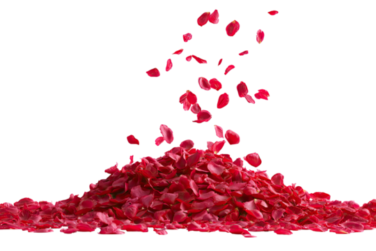 Rose petals falling onto a pile of petals.  Vibrant red petals cascade against a black background