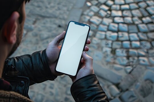 A Man Holding a Mockup Phone White Eye Catching Realistic Accessible Unique