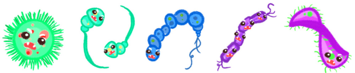 Cute Scary Bacteria and Virus Cartoon Characters in Vector Style for Science and Education Projects
