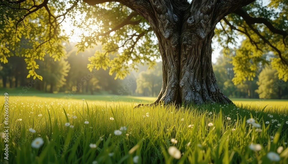 Poster sunlight filters through the leaves of a large tree illuminating a meadow with wildflowers in the vi