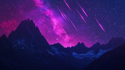 Fototapeta premium A breathtaking night sky filled with vibrant pinks and purples, showcasing a mesmerizing Milky Way among towering mountains, with shooting stars illuminating the tranquil landscape