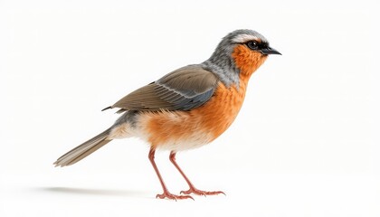 A Beautiful Small Bird with Vibrant Orange Feathers and Grey Head Standing on a White Background