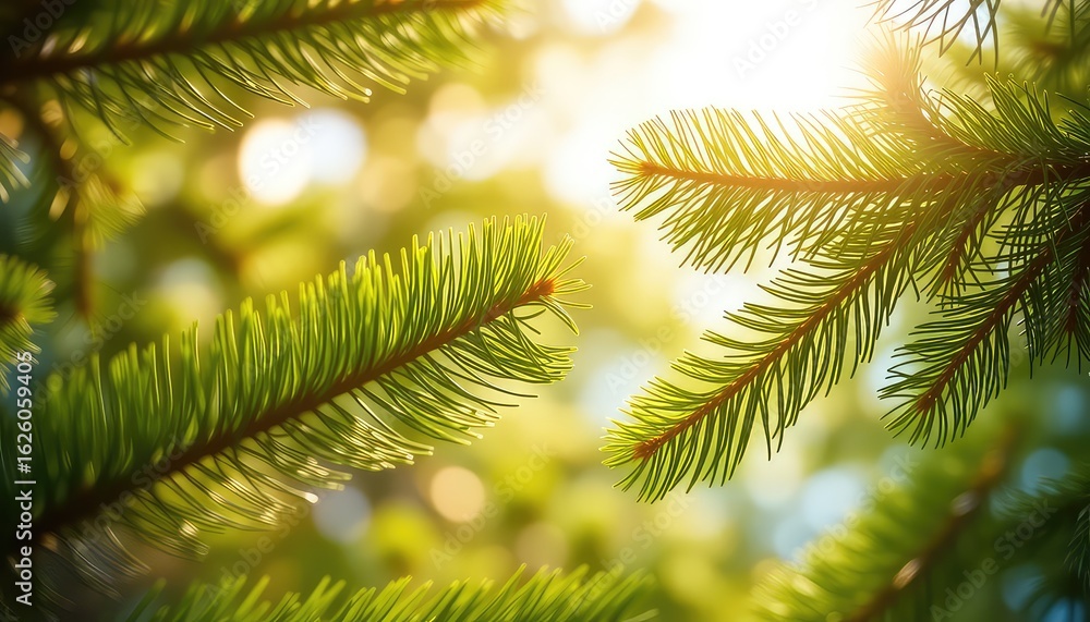 Aufkleber sunlight filtering through evergreen boughs creating a bright and vibrant scene in the forest canopy