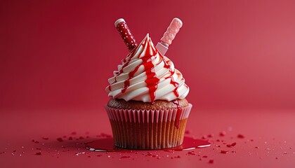 A decorative cupcake with red frosting and a knife.
