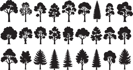 Fototapeta premium Collection of Black Tree Silhouettes in Three Rows trees deciduous
