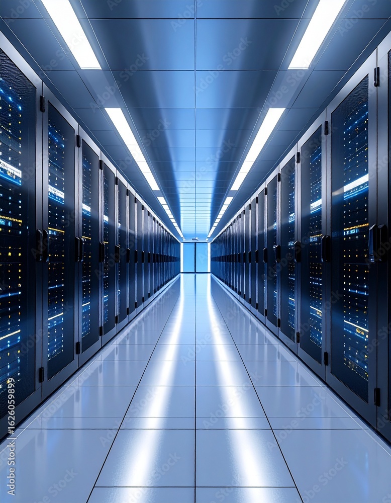 Poster illuminated server room with racks and blue lights creating depth