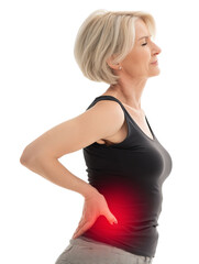 Fototapeta premium PNG of Older woman with short blonde hair experiencing back pain, holding her lower back in a thoughtful pose.
