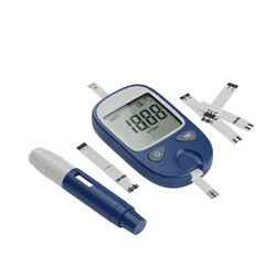 Blue digital glucose meter with lancet and test strips for diabetes monitoring isolated on transparent background