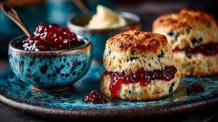Delicious scones with berry jam on a turquoise plate.