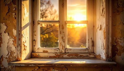 Sunlight Streaming Through Aged Window Frame