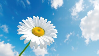 Solitary daisy bloom against a bright blue sky speckled with fluffy white clouds, emphasizing the simple beauty of nature