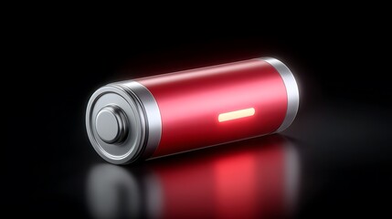 Red and Silver Battery with Glowing Indicator on a Reflective Black Surface