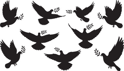 Fototapeta premium Set of Black Silhouette Doves Carrying Olive Branches in Flight pigeon bird