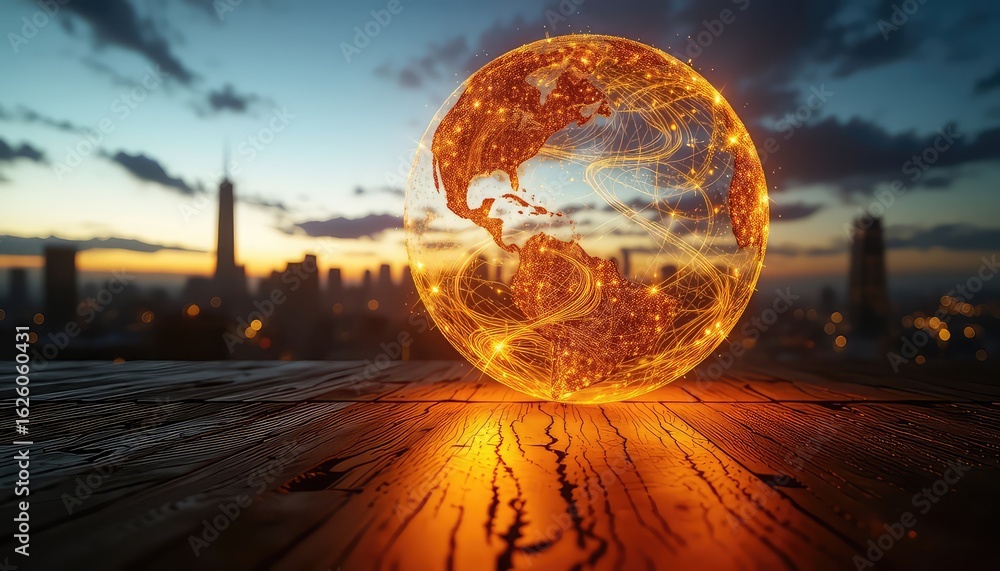 Poster global connections visualized with glowing lines representing the world on a wood surface against a 