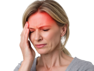 PNG of A distressed Caucasian woman experiencing a headache, clutching her forehead in pain against a neutral background.
