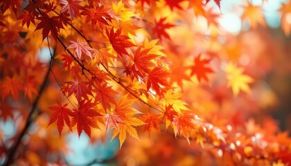 Brilliant autumn foliage display showcasing vibrant red and golden leaves gently dancing on delicate tree branches against a blurred backdrop