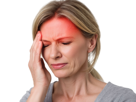 PNG of A distressed Caucasian woman experiencing a headache, clutching her forehead in pain against a neutral background.