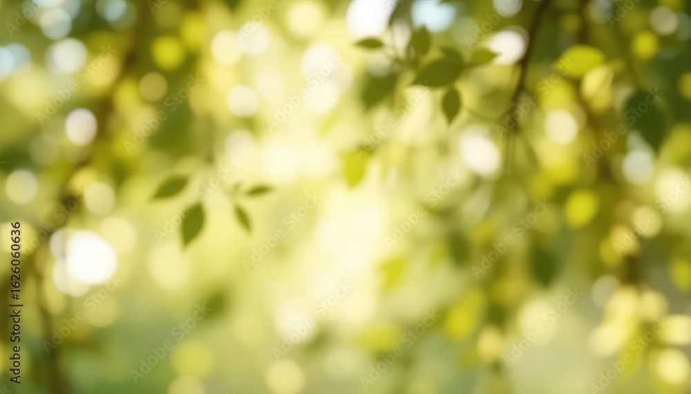 Poster sunlight filters through a canopy of leaves creating a soft, bright and visually serene abstract bac