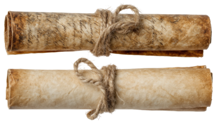 Two ancient scrolls tied with twine.  Aged parchment, showing signs of time
