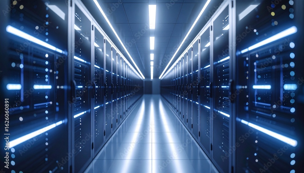 Poster futuristic data center corridor with illuminated server racks and tile