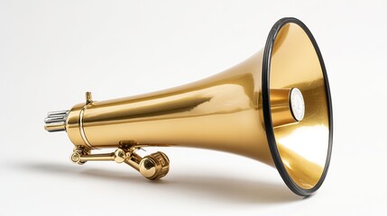 Obraz premium Vintage golden megaphone isolated on white, showcasing classic design details.