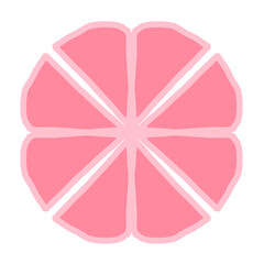 A stylized pink citrus slice with eight segments, cleanly divided by white lines in a radial, fruit-inspired design.
