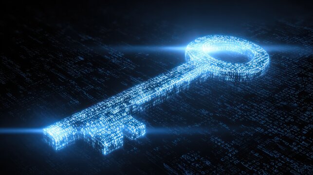 Luminous key rendered digitally with light over a dark binary code surface; ethereal glow