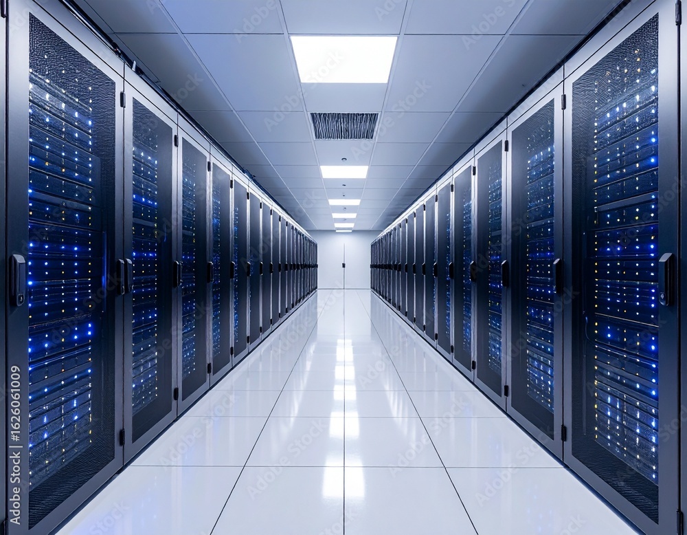 Poster modern data center featuring rows of illuminated server racks