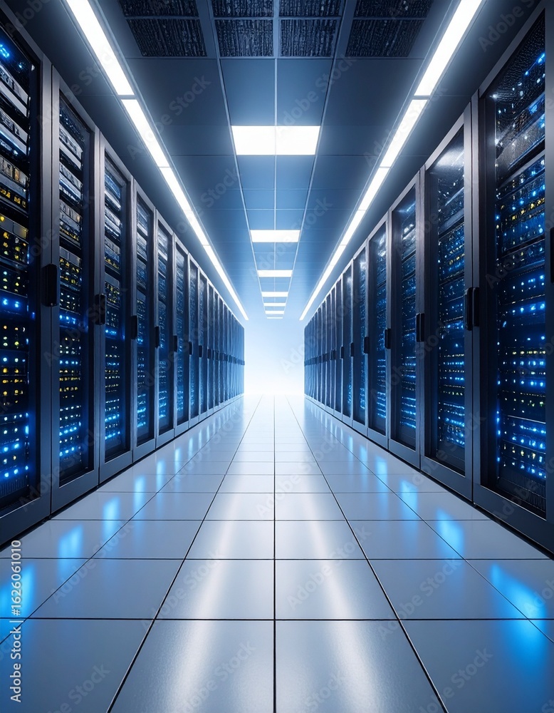 Poster illuminated data center aisle with server racks and led lights