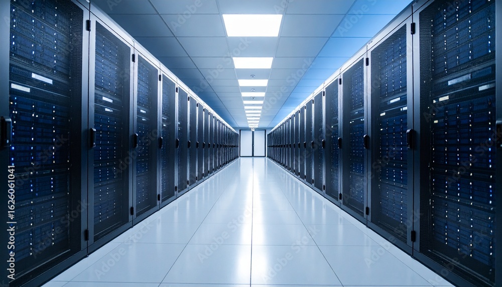 Poster modern data center featuring rows of server racks and bright lights