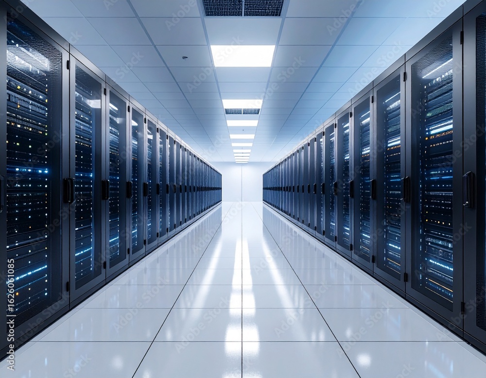 Poster High-tech data center with rows of illuminated server racks and cool t