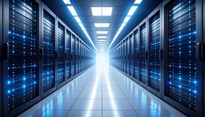 Fototapeta premium Futuristic data center corridor with blue LED lights illuminating path