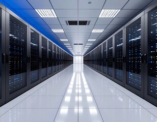 Modern data center corridor with illuminated server racks and reflecti