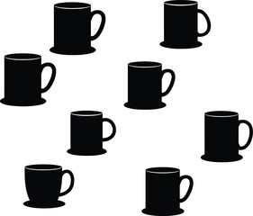 Obraz premium Random Scattering of Seven Black Silhouetted Coffee Mugs on White Canvas — A Minimalist Composition Exploring Asymmetry, Everyday Objects, and the Quiet Chaos of Beverage Rituals