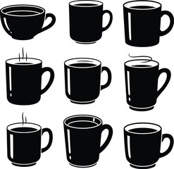 Obraz premium 3x3 Grid of Coffee Cup and Mug Silhouettes — Featuring Steam Variants, Size and Form Diversity, and Minimalist Black and White Contrast to Depict States of Warmth, Pause, and Ritual