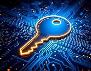 Digital key glowing on a blue circuit board technology background desi