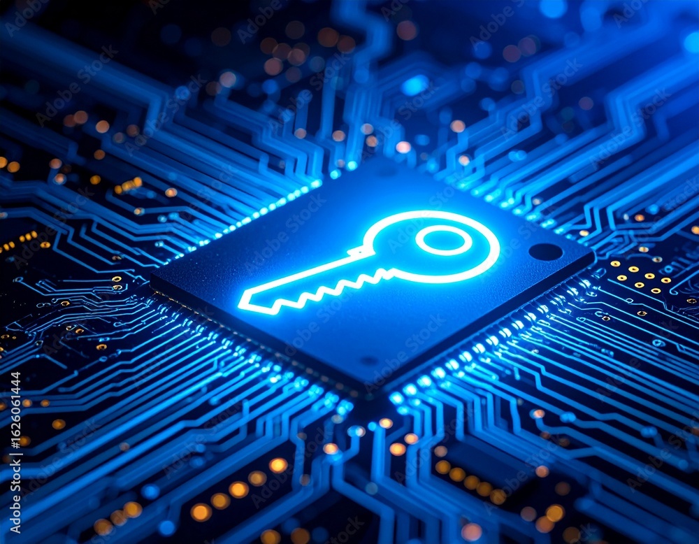 Poster futuristic digital key symbol glowing on a microchip circuit board