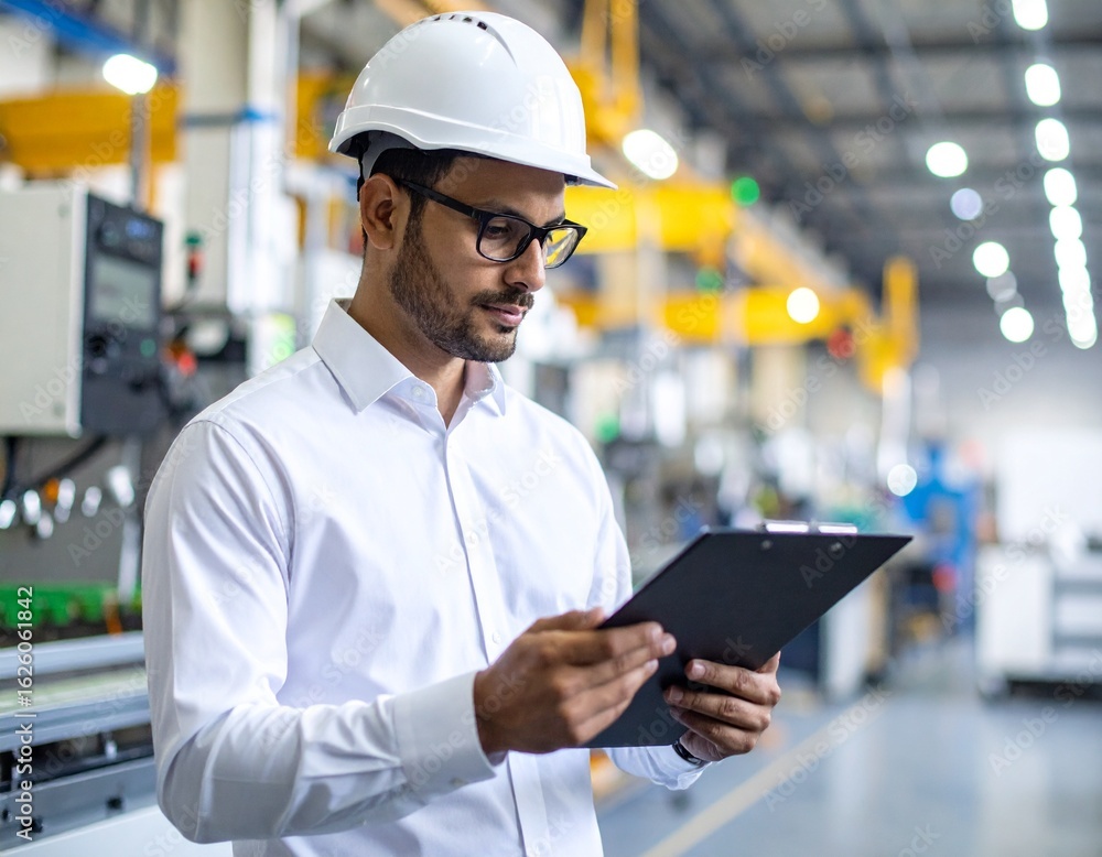 Aufkleber engineer using tablet to check production data in a factory setting