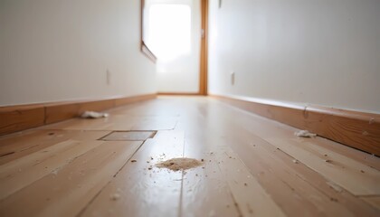 Messy wooden hallway with debris on the floor and natural light  